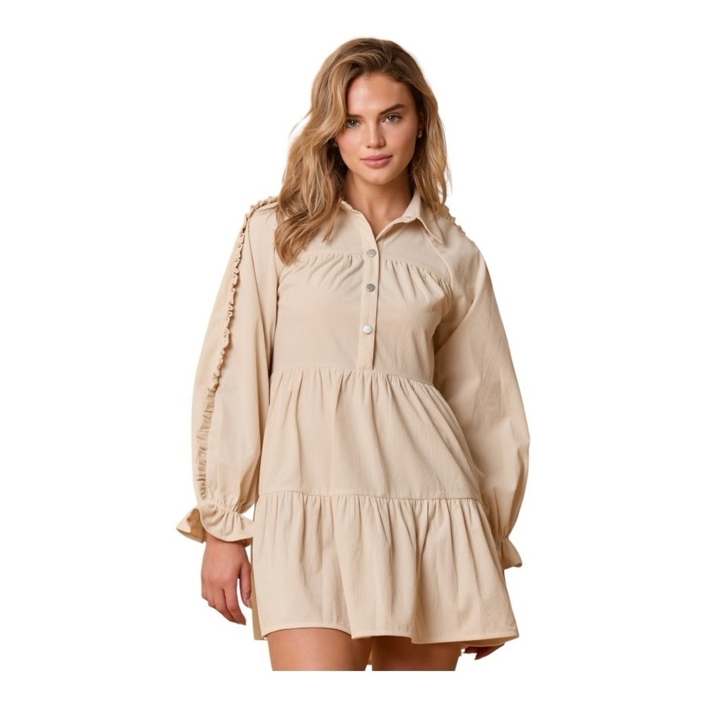 NWT! Fantastic Fawn Cream Latte Corduroy Ruffled Sleeve Shirt Dress. Size Medium